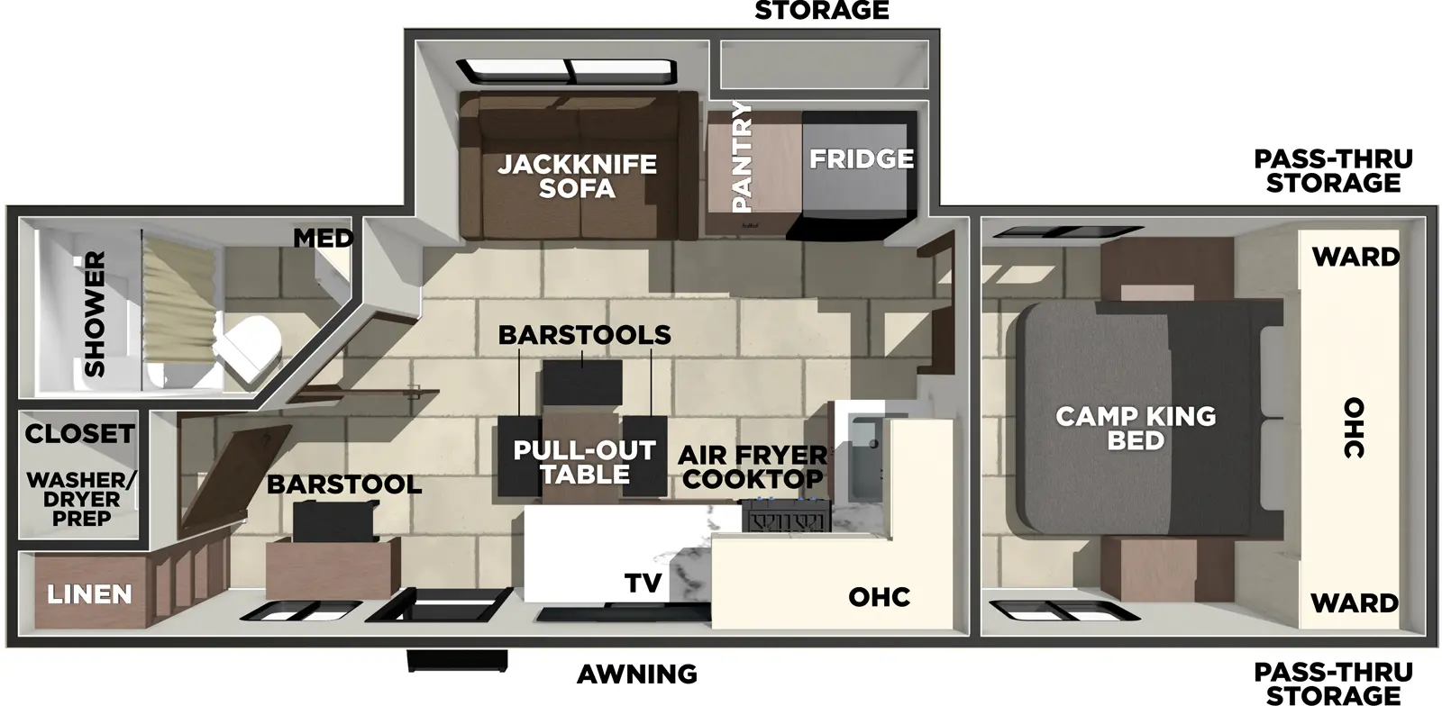 The Tracer 255DS floorplan has one entry and one slide out. Exterior features include: fiberglass exterior. Interiors features include: front bedroom.